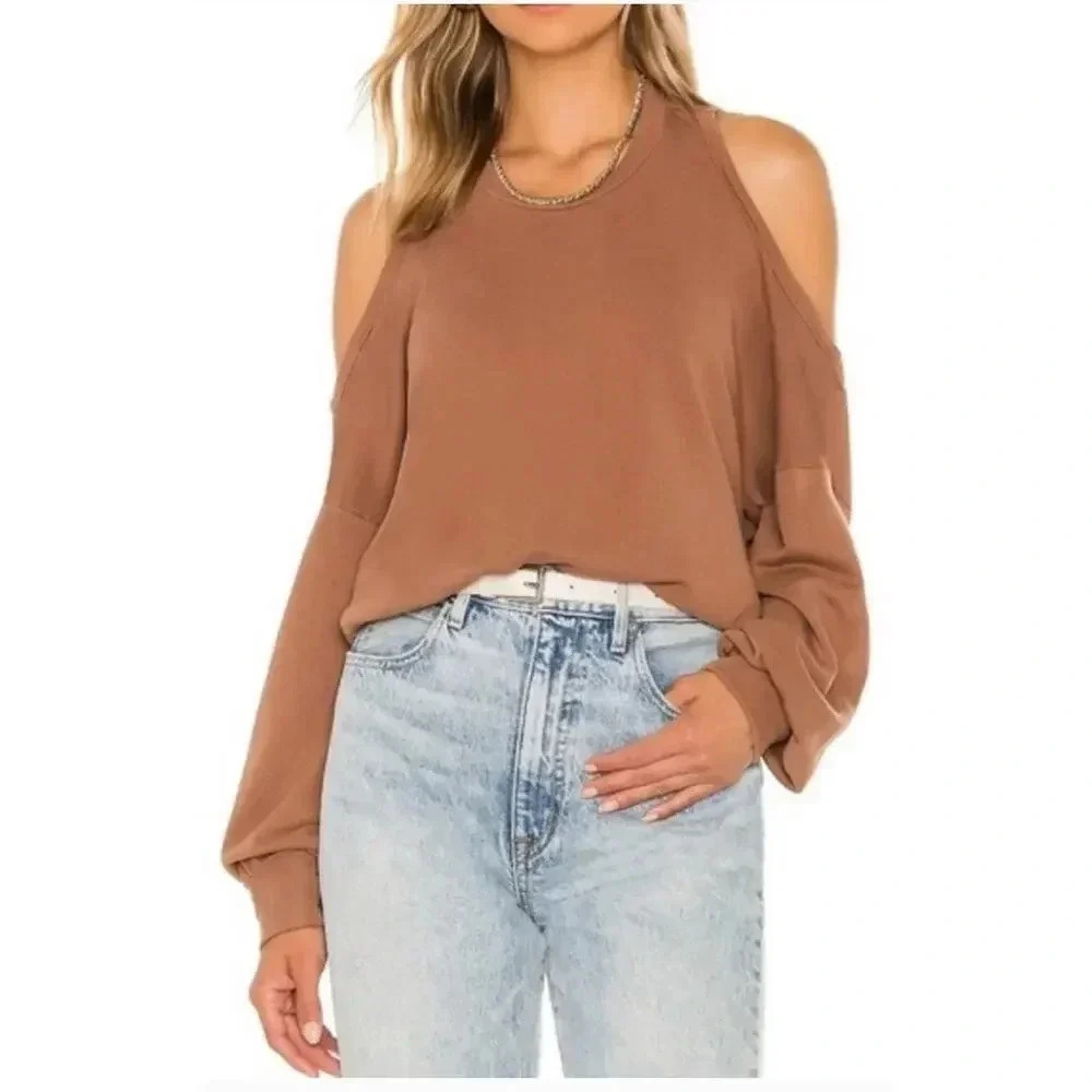 LANSTON Halter neck sweatshirt  cold shoulder NWT SZ Sm Pecan Brown Destructed